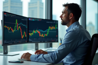 Homme d'affaires analysant des graphiques Nasdaq sur deux écrans