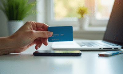 Main tenant une carte bancaire au-dessus d'un smartphone avec message d'annulation