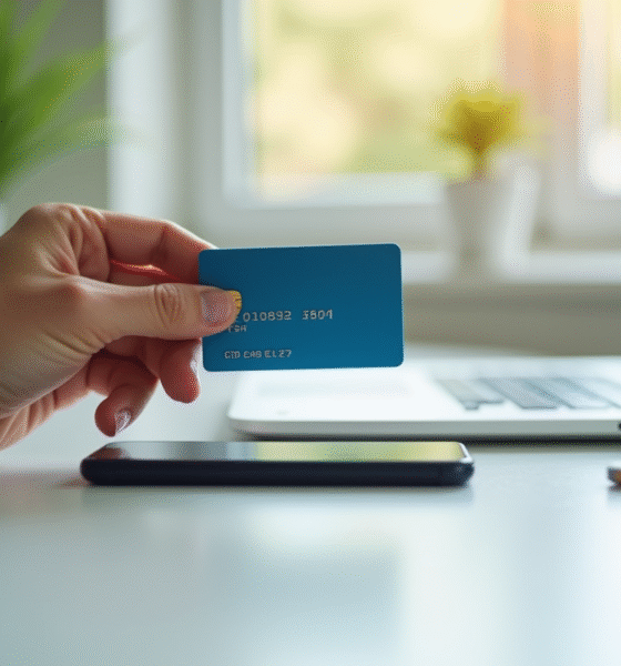 Main tenant une carte bancaire au-dessus d'un smartphone avec message d'annulation