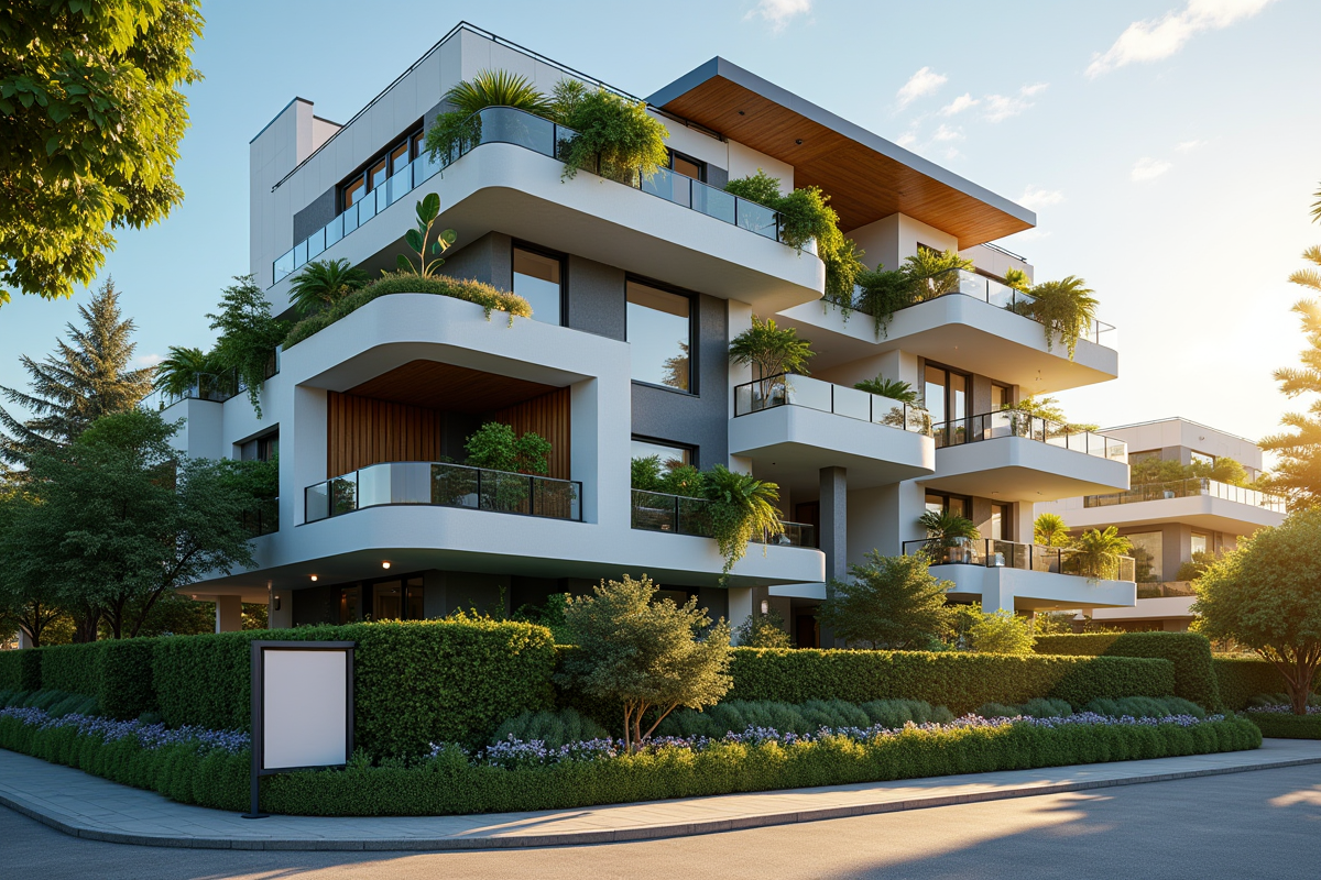Immeuble lumineux avec balcons et panneau a vendre