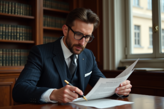 Avocat français en costume lisant un code civil dans un bureau parisien