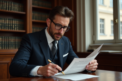 Avocat français en costume lisant un code civil dans un bureau parisien