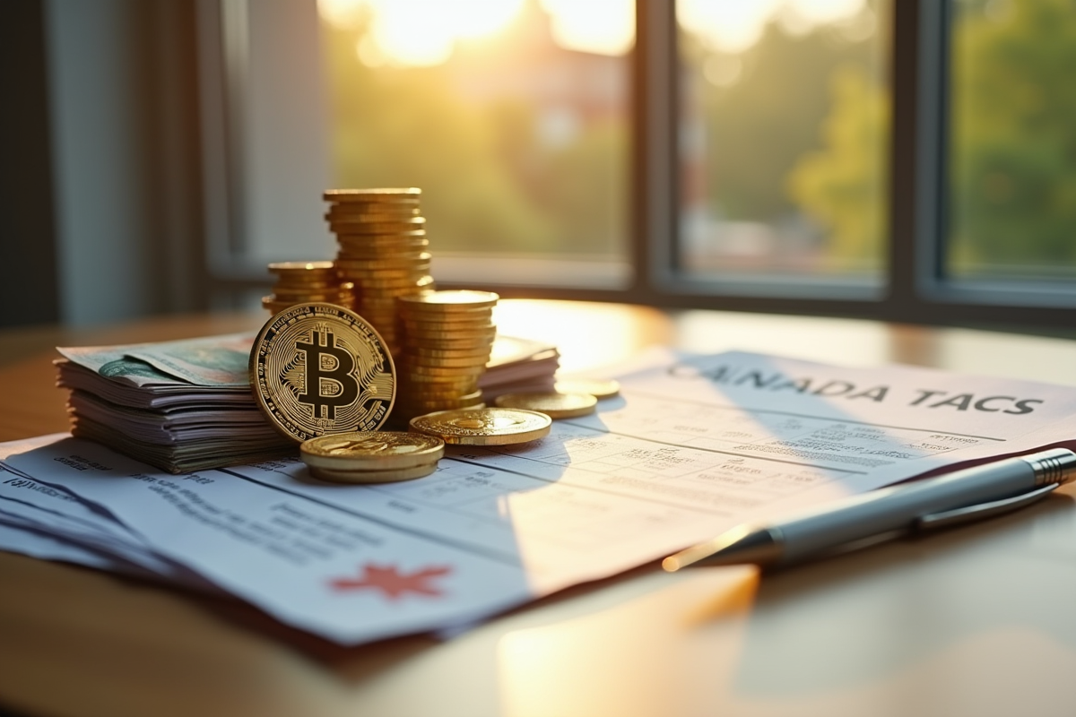 Pile de dollars canadiens et crypto sur table en lumière naturelle