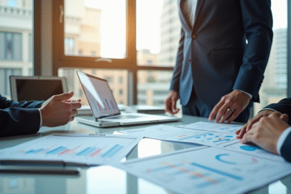 Bureau moderne avec graphiques financiers et discussion