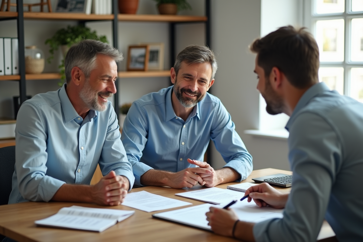 Couple discutant avec un conseiller en prêt immobilier dans un bureau lumineux