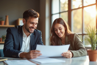 Jeune couple souriant avec conseiller financier pour une hypothèque