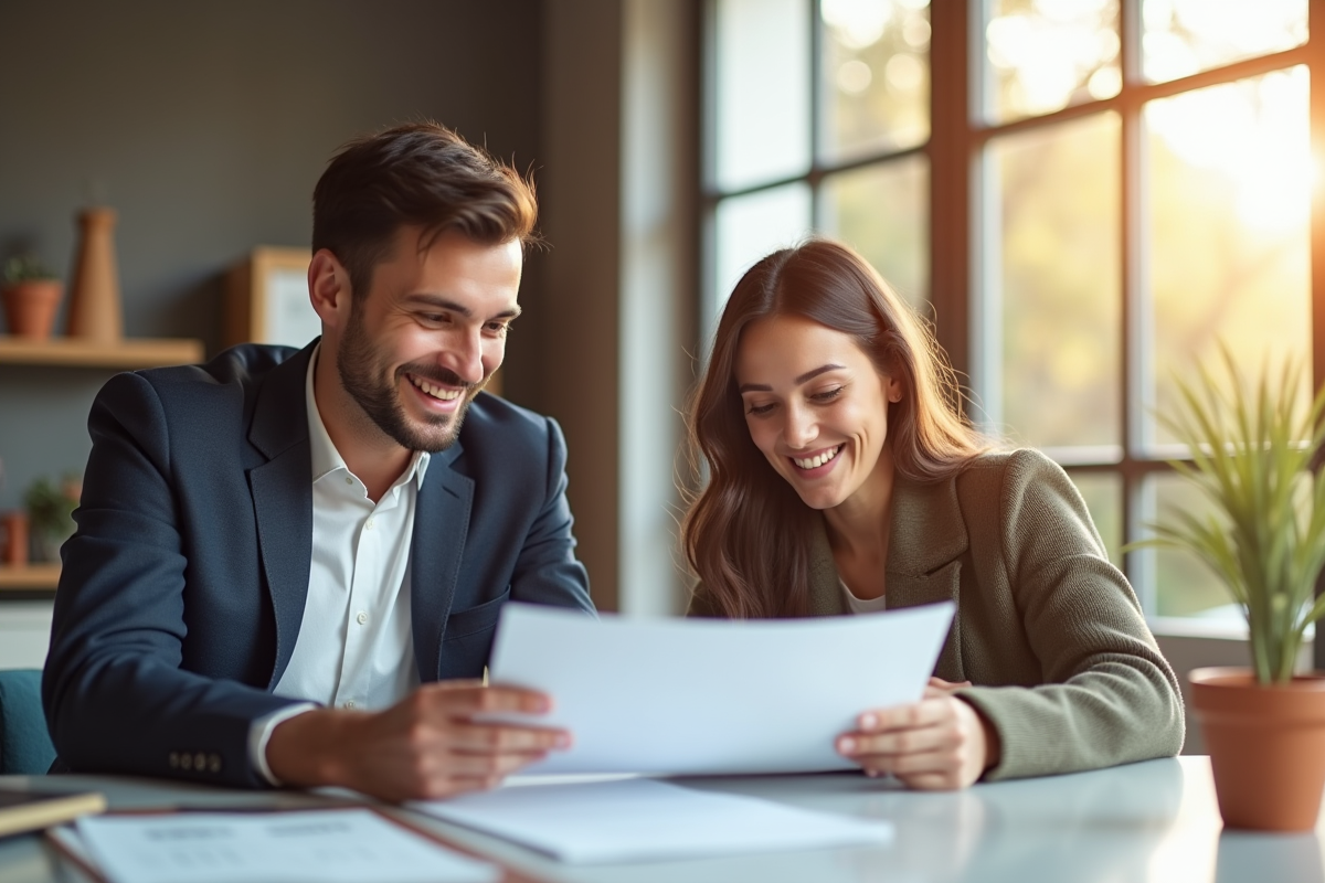 Jeune couple souriant avec conseiller financier pour une hypothèque