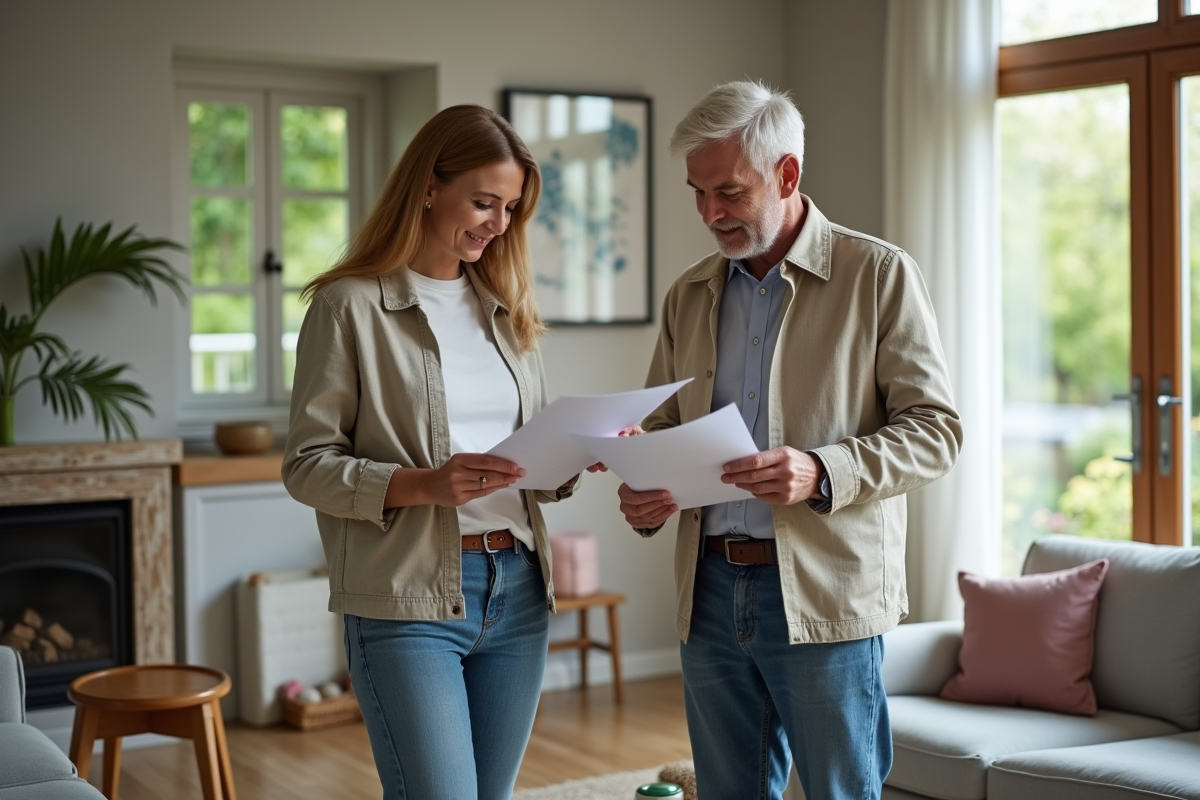Couple dans leur salon regardant des papiers de prêt immobilier