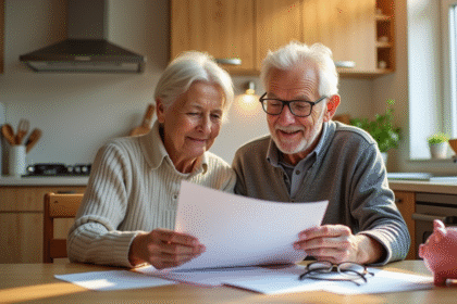 Couple senior souriant dans la cuisine avec documents de pension