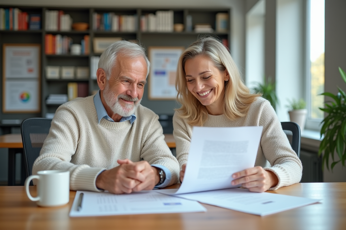 Couple dans la cinquantaine examinant des papiers de retraite