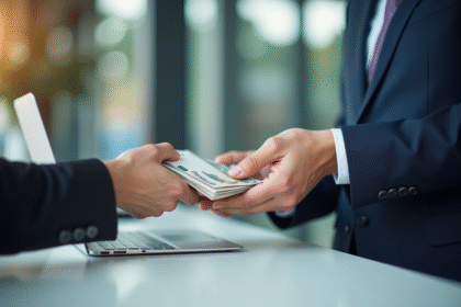 Personne déposant des billets d'euros à un guichet bancaire moderne