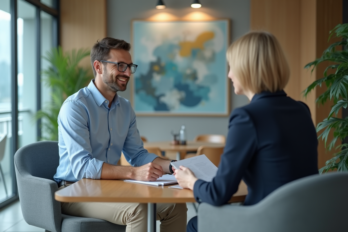 Homme et conseillère bancaire discutant de documents financiers