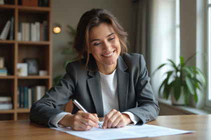 Femme en blazer examinant un contrat immobilier dans un intérieur moderne