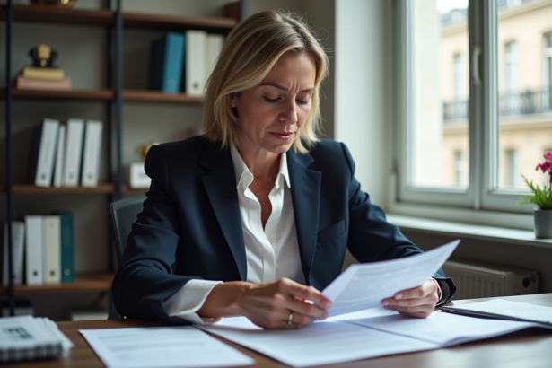 Femme d'affaires française examinant des documents d'assurance