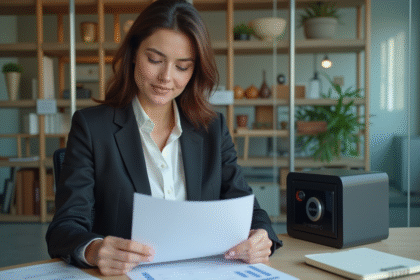 Femme d'affaires en réunion financière dans un bureau moderne