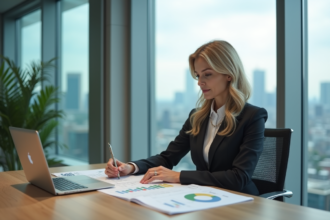 Femme d'affaires confiante au bureau avec graphiques