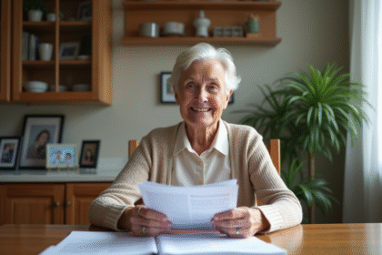 Femme âgée souriante tenant des documents organisés