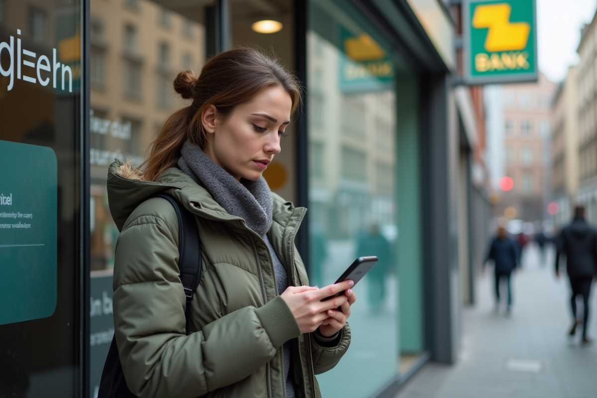 Jeune femme regardant son smartphone devant une banque