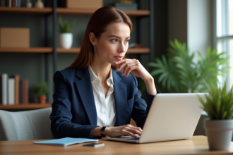 Femme en blazer bleu regardant son ordinateur et sa carte de crédit