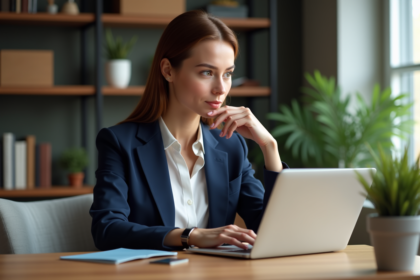 Femme en blazer bleu regardant son ordinateur et sa carte de crédit