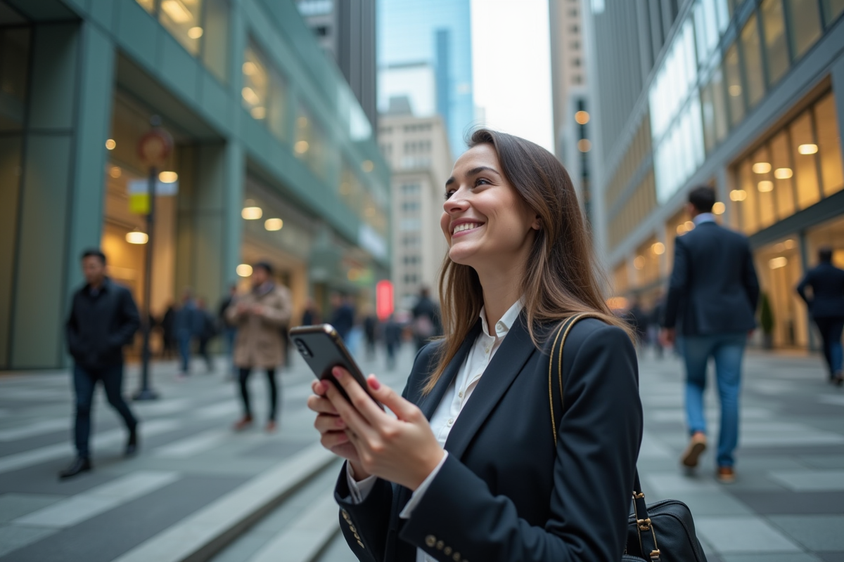 Jeune femme dans une rue financière avec smartphone et sourire