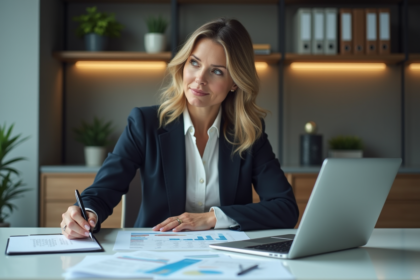 Femme en costume au bureau avec documents et ordinateur