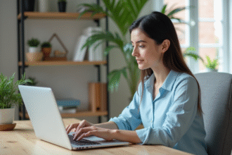 Femme au bureau moderne utilisant un ordinateur portable