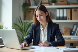 Jeune femme en bureau moderne avec ordinateur et documents