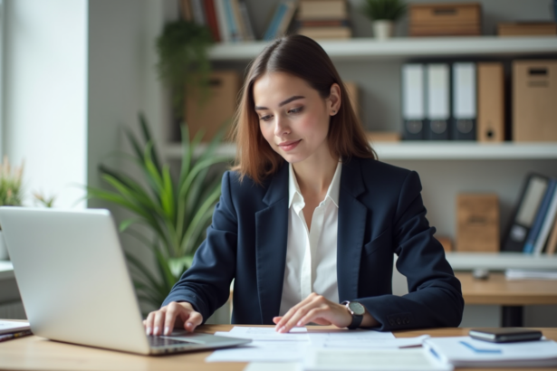 Jeune femme en bureau moderne avec ordinateur et documents