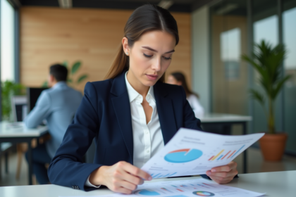 Femme en bureau lisant un rapport avec graphiques colorés