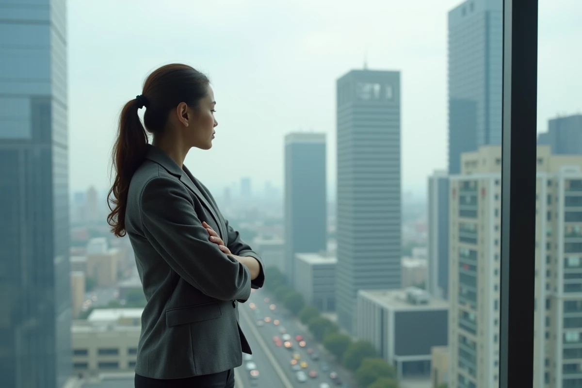 Jeune femme contemplant la skyline urbaine depuis une fenetre