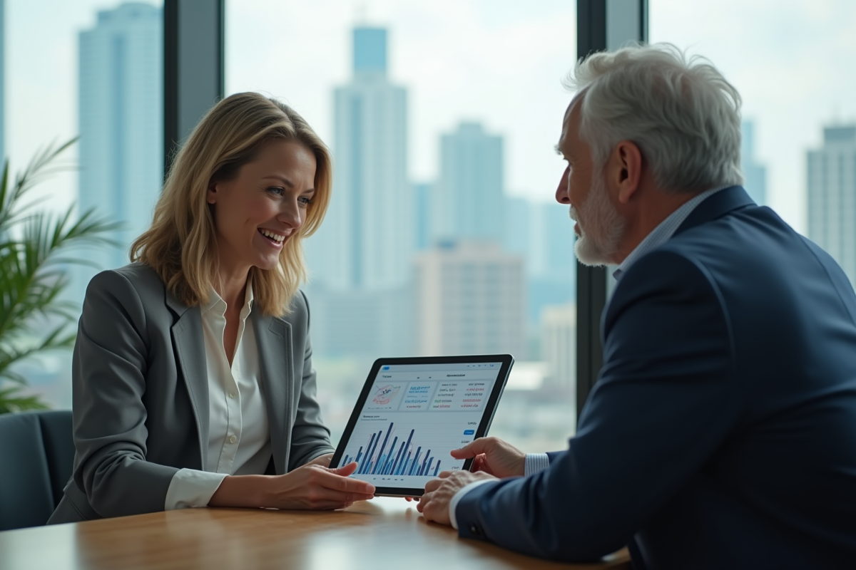 Femme conseillère financière montre graphiques à un client