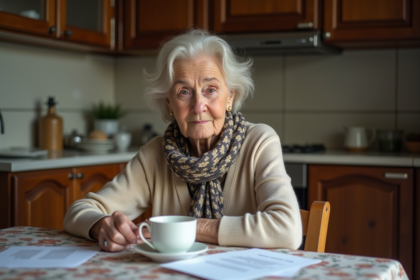Femme âgée en cuisine lisant des documents et buvant du thé
