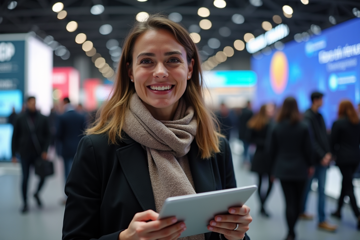 Femme entrepreneure souriante avec tablette à expo tech