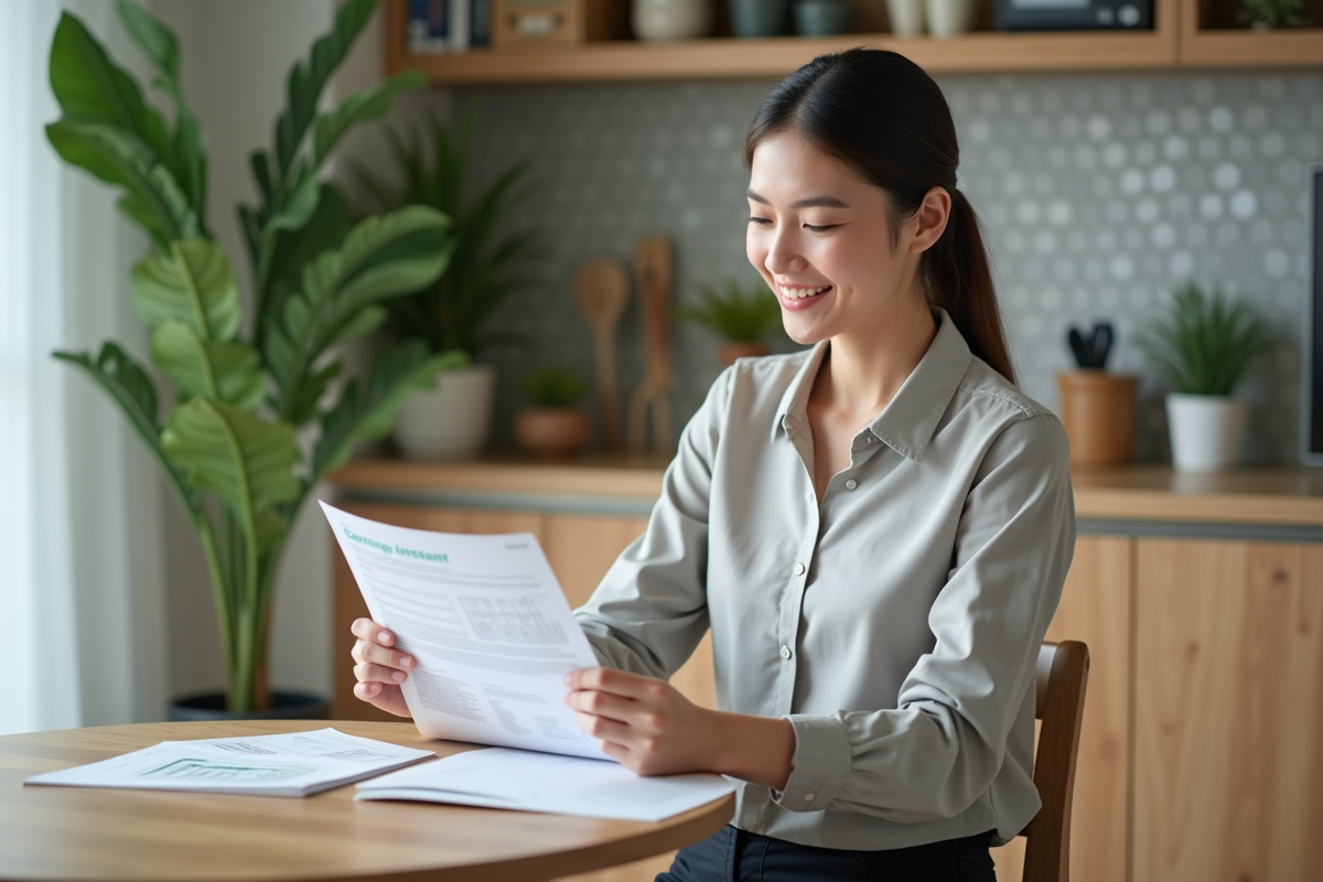 Jeune femme souriante examine brochures d’épargne