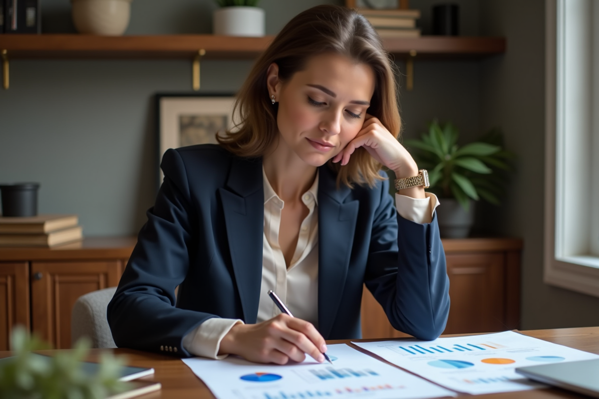 Femme d'âge moyen dans un bureau moderne analysant des documents financiers