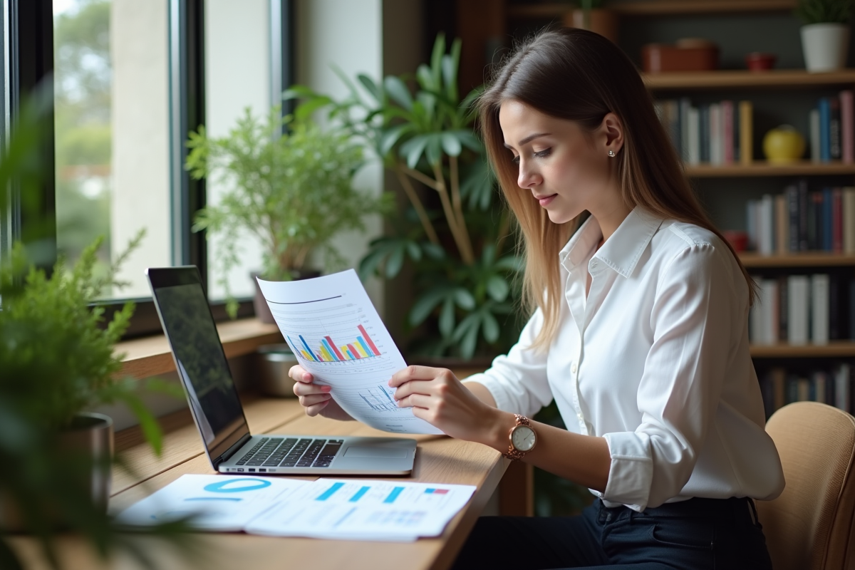 Jeune femme examinant des graphiques financiers chez elle
