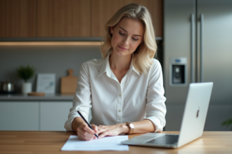 Femme d'une quarantaine remplit un formulaire d'aide financière
