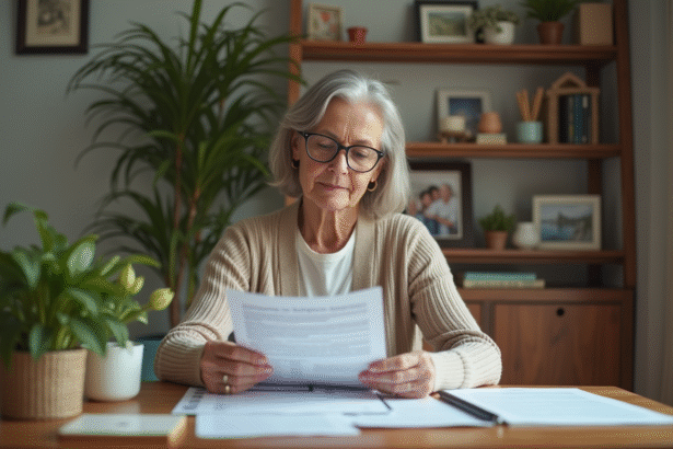 Femme âgée lisant des documents de retraite à la maison