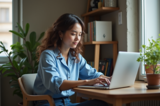 Jeune femme sur son ordinateur pour achat voiture
