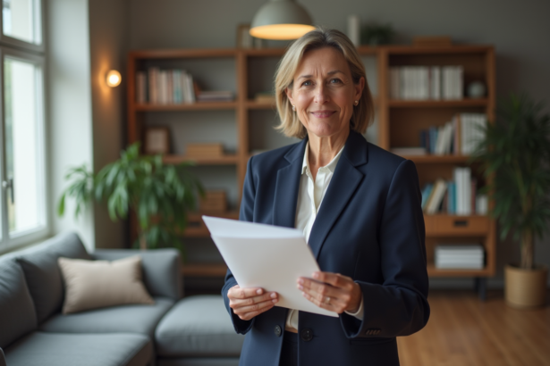 Femme d'âge moyen dans un bureau moderne avec dossier de documents