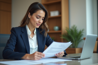 Femme professionnelle en blazer bleu dans un bureau moderne