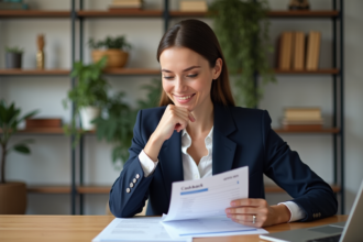Femme professionnelle souriante avec smartphone et relevé bancaire