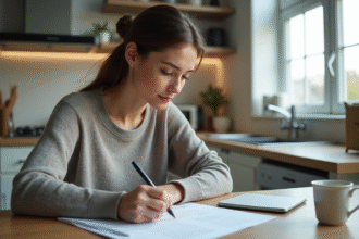 Jeune femme remplissant des formulaires de logement à la maison