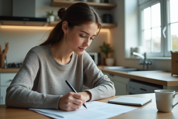 Jeune femme remplissant des formulaires de logement à la maison