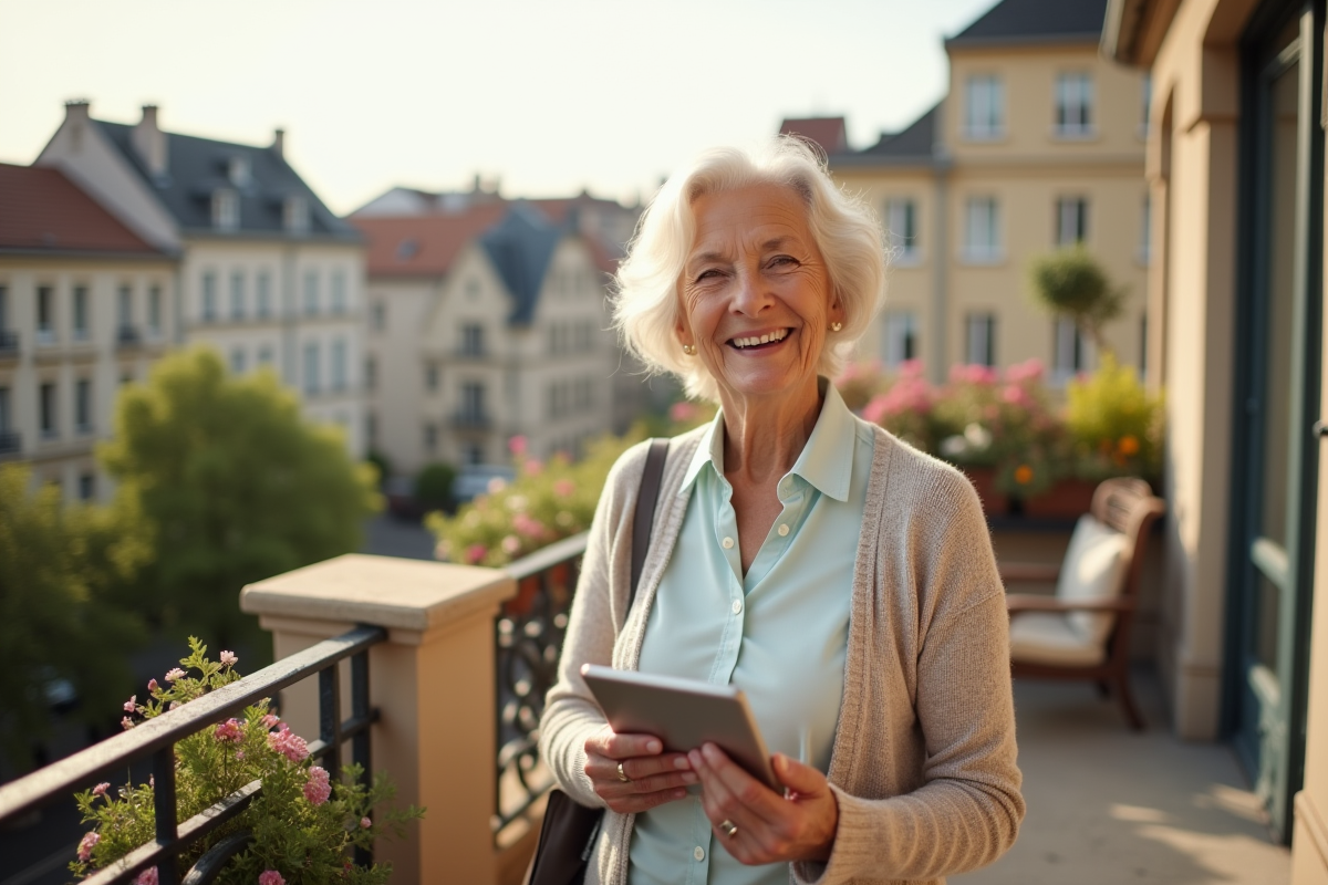 Femme retraitée souriante avec tablette sur balcon ensoleille