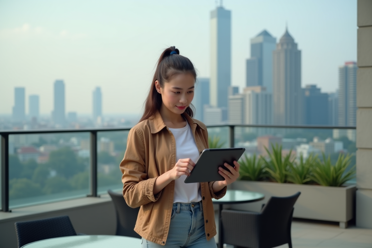 Femme analysant des actualites crypto sur une terrasse urbaine