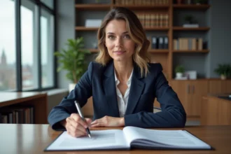 Femme en costume signant des documents juridiques au bureau