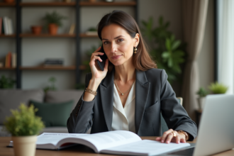 Femme d'âge moyen au téléphone avec dossier protection juridique