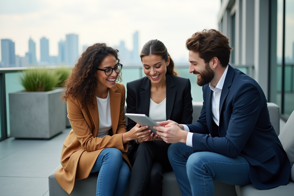 Groupe de professionnels discutant de cryptomonnaie en terrasse